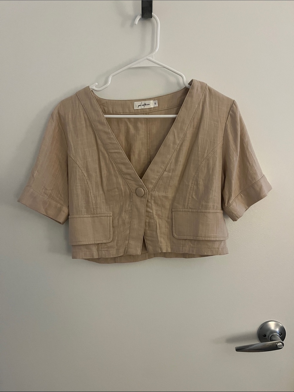 Cropped V-Neck Button Front Top in Beige